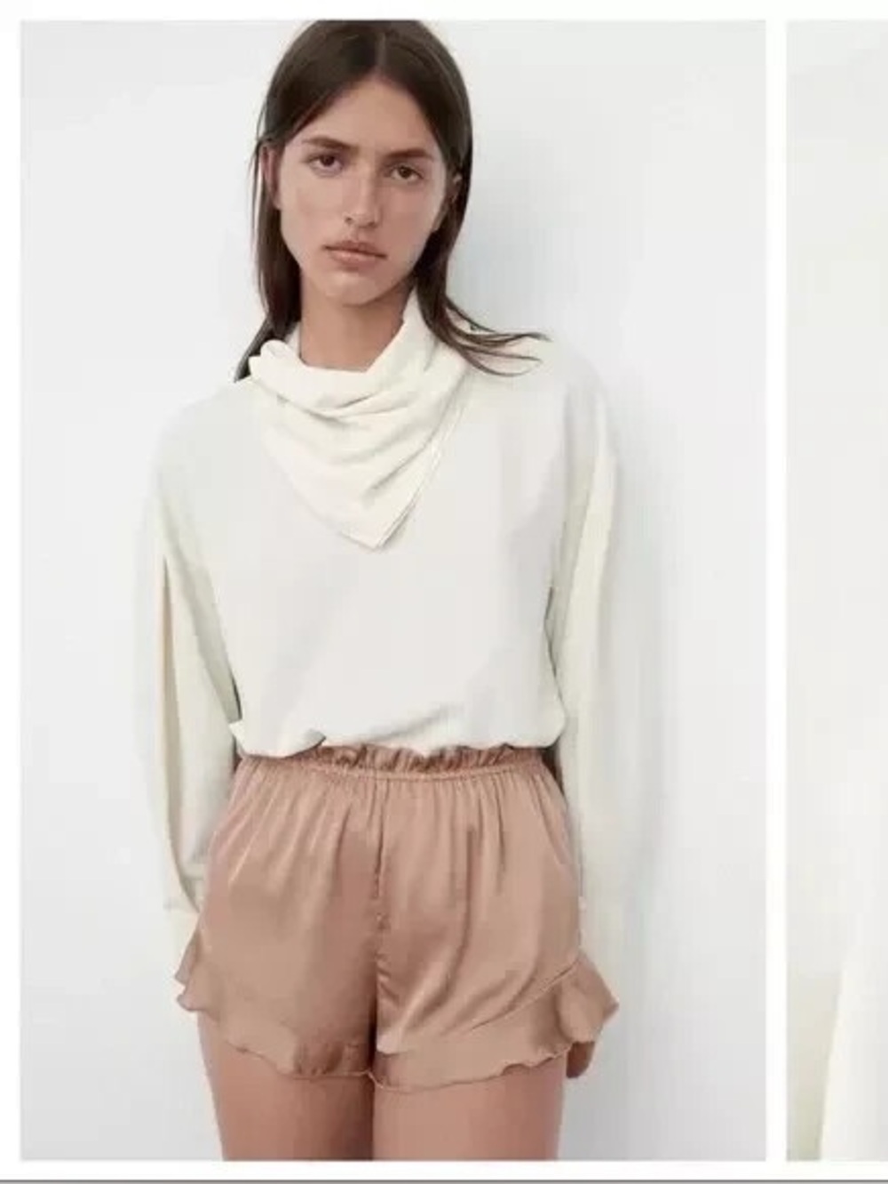 Zara Cream scarf neck Long-Sleeve button back blouse